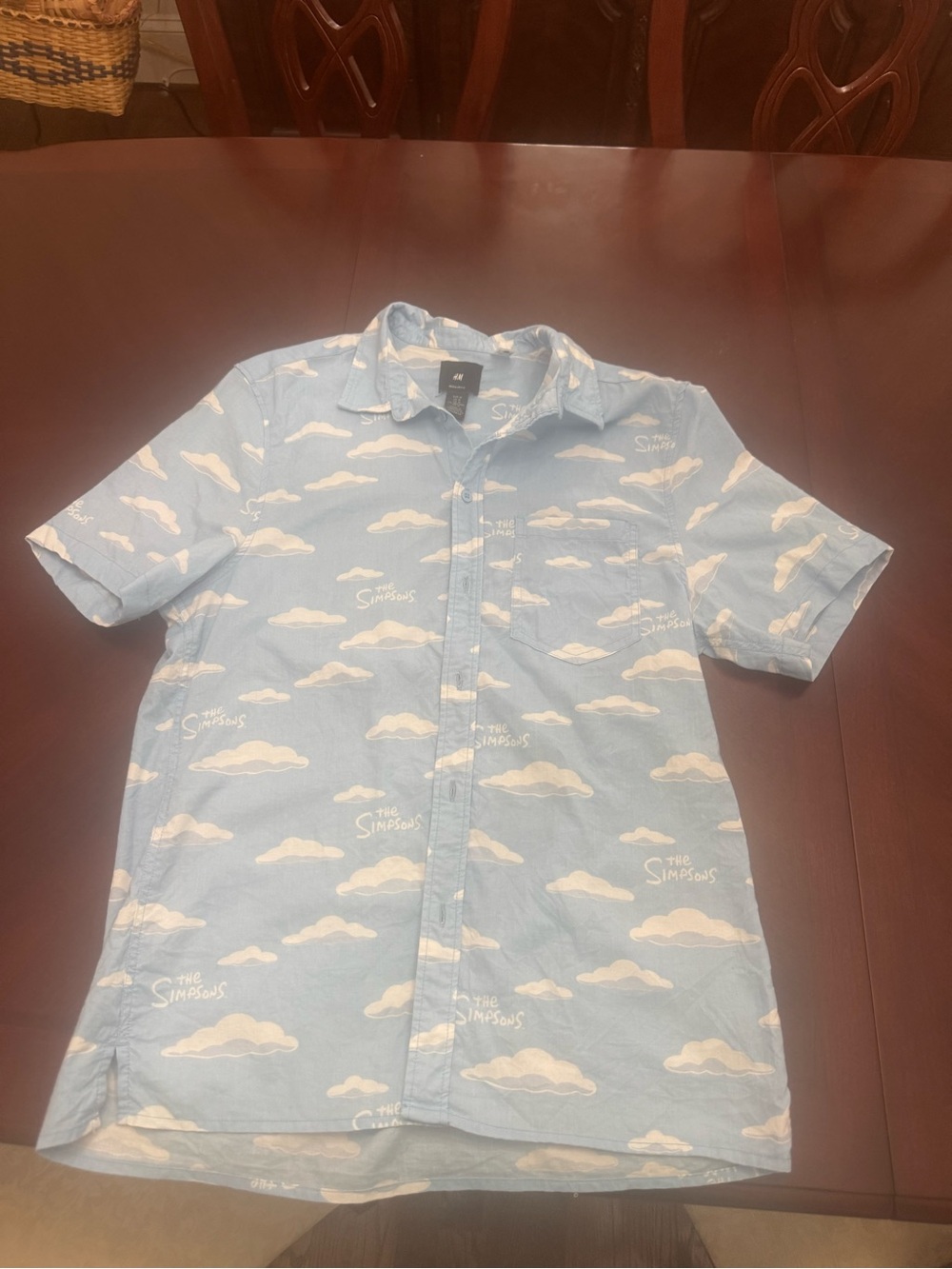 H&M Light Blue Short-Sleeve Button-Up Shirt with White Cloud The Simpsons Print